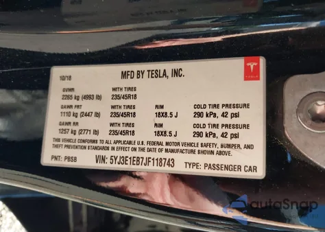 2018 Tesla Model 3 Long Range/Performance from USA, damaged, VIN 5YJ3E1EB7JF118743